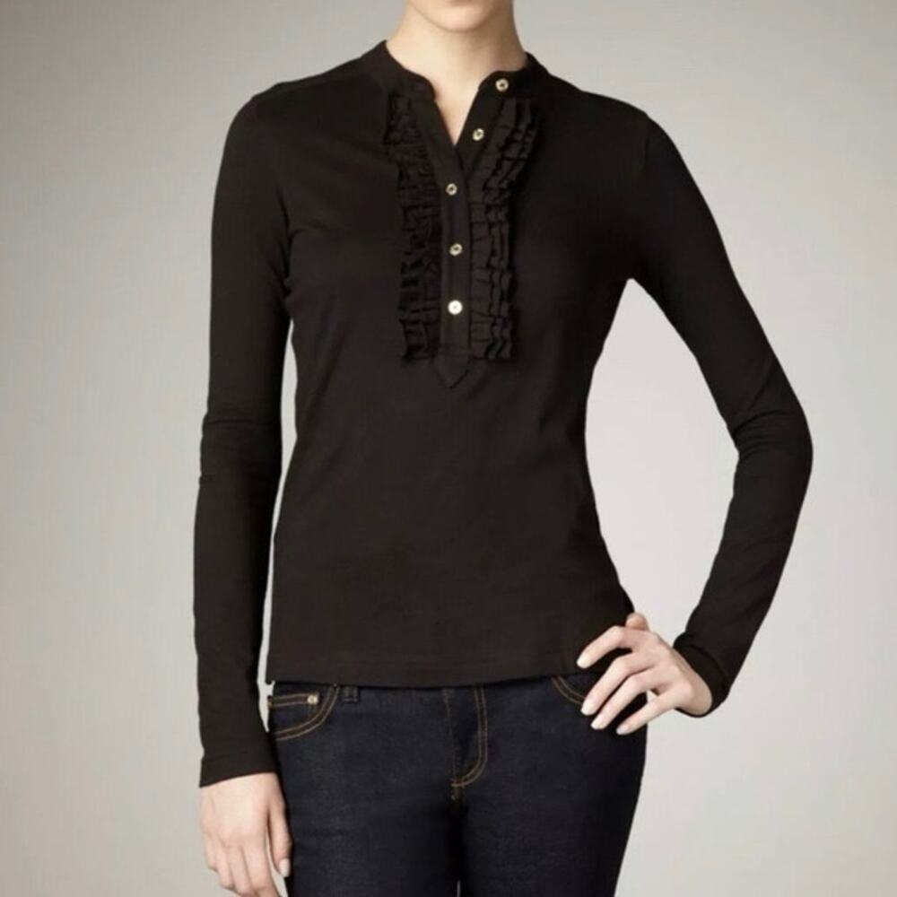 ✨2/$30✨ Tory Burch Romilly Black Ruffle Henley Top XS  Button Up